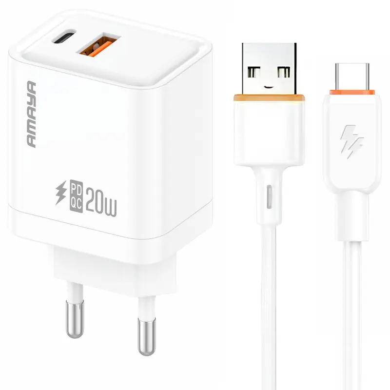 СЗУ Amaya E77D PD20W+QC3.0 (1USB-A/1C) + кабель USB to Type-C, White, купить оптом с доставкой