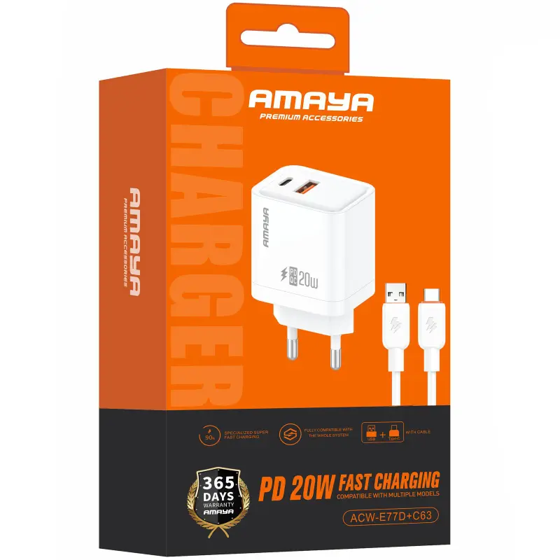 СЗУ Amaya E77D PD20W+QC3.0 (1USB-A/1C) + кабель USB to Type-C, White 1, купить оптом с доставкой