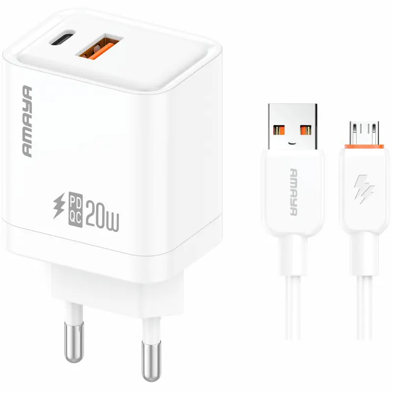 СЗУ Amaya E77D PD20W+QC3.0 (1USB-A/1C) + кабель USB to MicroUSB, купить оптом с доставкой