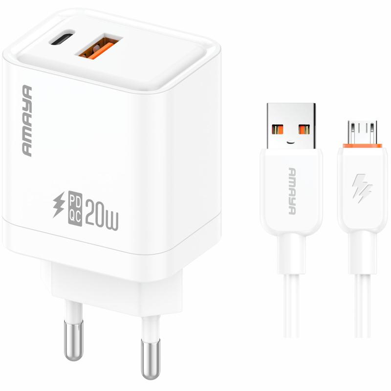 МЗП Amaya E77D PD20W+QC3.0 (1USB-A/1C) + кабель USB to MicroUSB на малюнкі №1