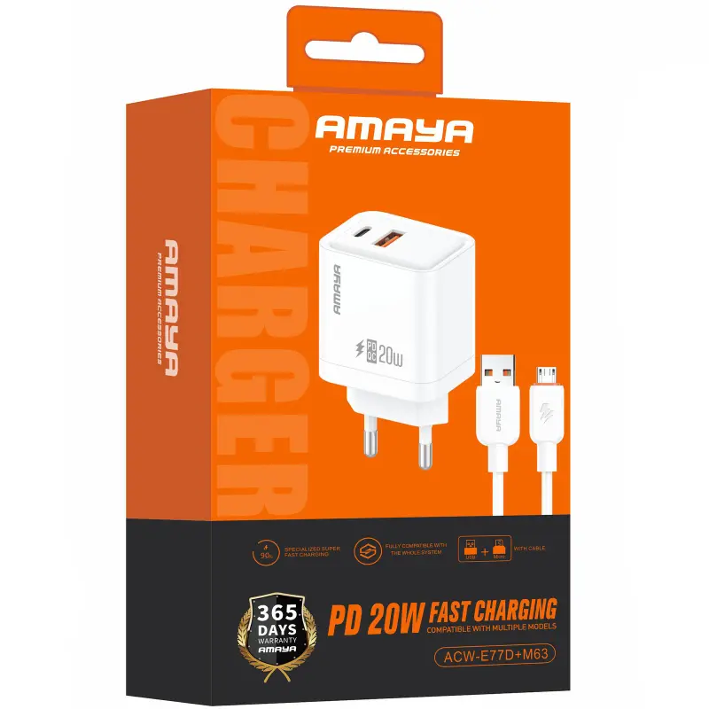 СЗУ Amaya E77D PD20W+QC3.0 (1USB-A/1C) + кабель USB to MicroUSB, White 1, купить оптом с доставкой