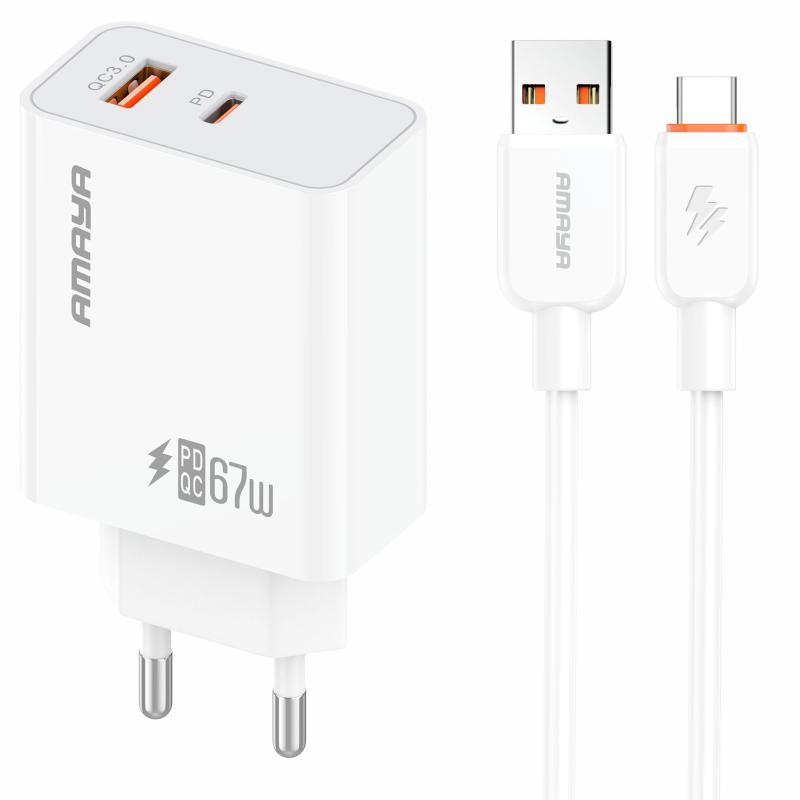 МЗП Amaya E72D PD67W+QC3.0 (1USB-A/1C) + кабель USB to Type-C на малюнкі №1