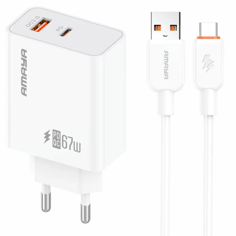СЗУ Amaya E72D PD67W+QC3.0 (1USB-A/1C) + кабель USB to Type-C, White, купить оптом с доставкой