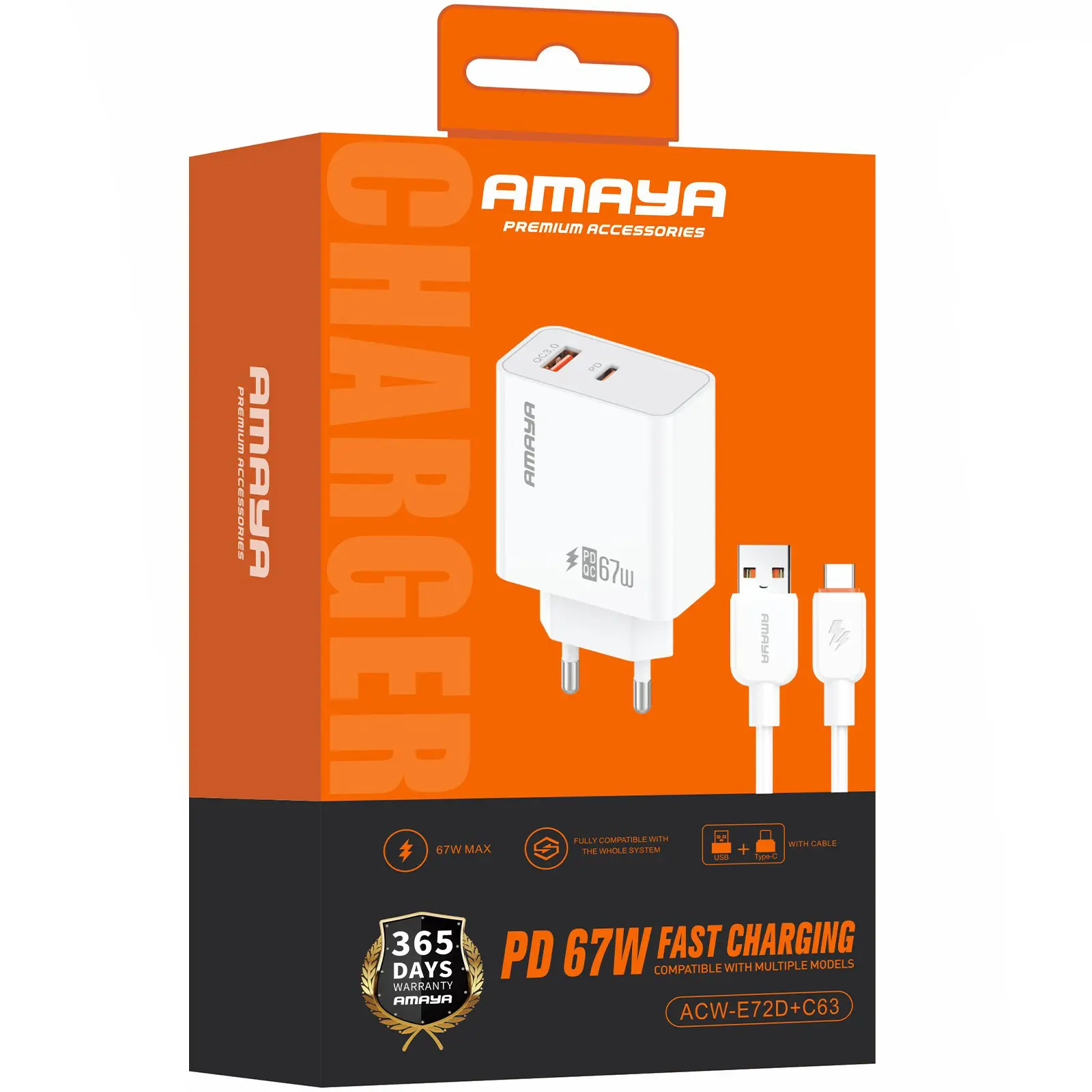 СЗУ Amaya E72D PD67W+QC3.0 (1USB-A/1C) + кабель USB to Type-C, White 1, купить оптом с доставкой