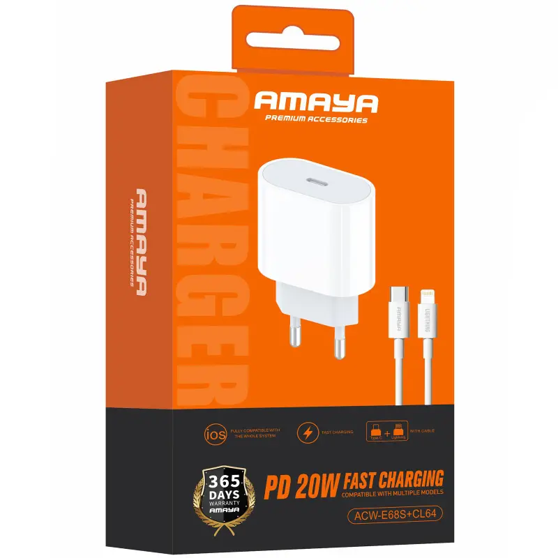 СЗУ Amaya E68S PD20W (1USB-C) + кабель Type-C to Lightning, White 1, купить оптом с доставкой
