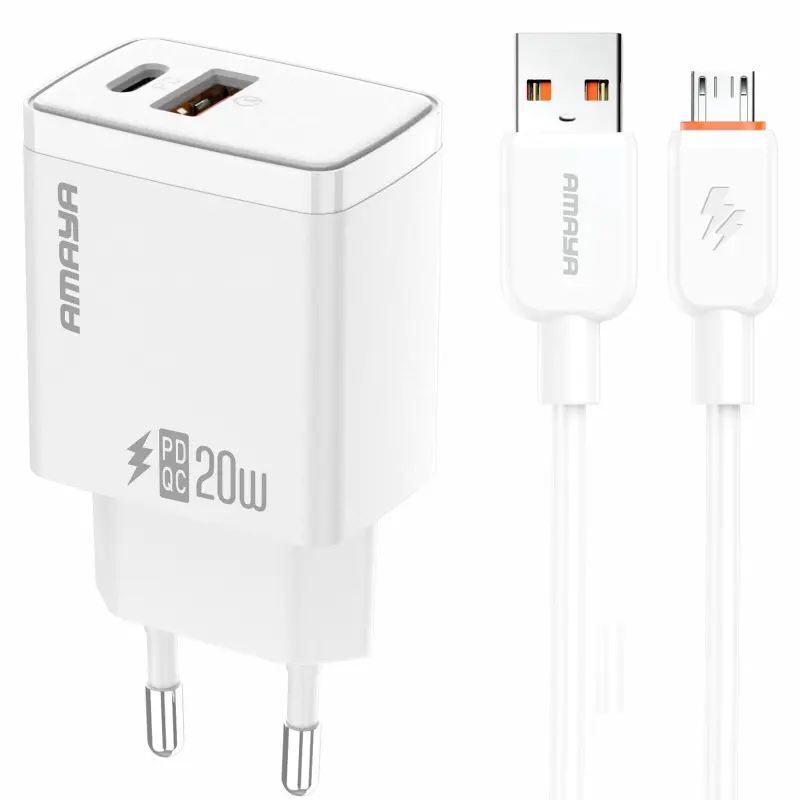СЗУ Amaya E67D PD20W+QC3.0 (1USB-A/1C) + кабель USB to MicroUSB, White, купить оптом с доставкой
