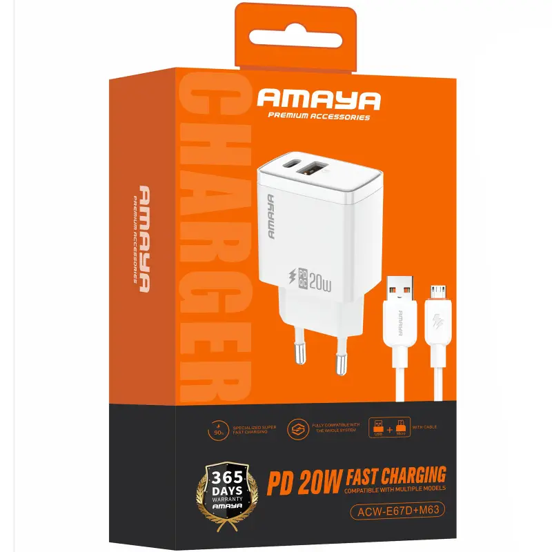 СЗУ Amaya E67D PD20W+QC3.0 (1USB-A/1C) + кабель USB to MicroUSB, White 1, купить оптом с доставкой