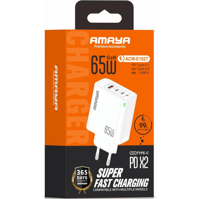 СЗУ Amaya E102T PD65W+QC3.0 GaN (1USB-A/2C) на картинке №2