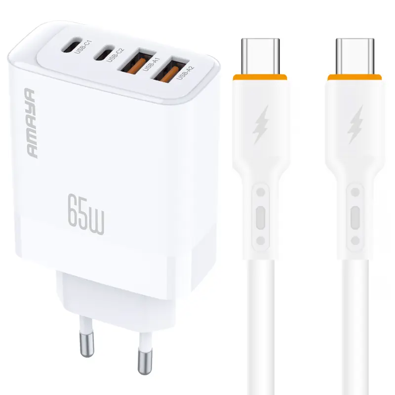 СЗУ Amaya E101F PD65W+QC3.0 GaN (2USB-A/2C) + кабель Type-C to Type-C, купить оптом с доставкой