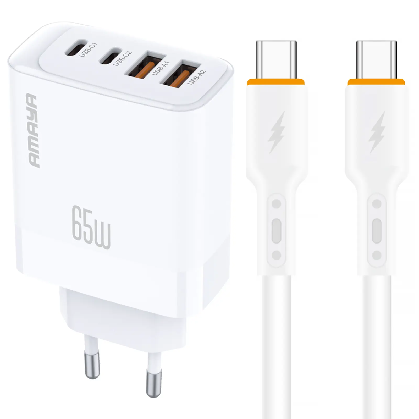 СЗУ Amaya E101F PD65W+QC3.0 GaN (2USB-A/2C) + кабель Type-C to Type-C, купить оптом с доставкой