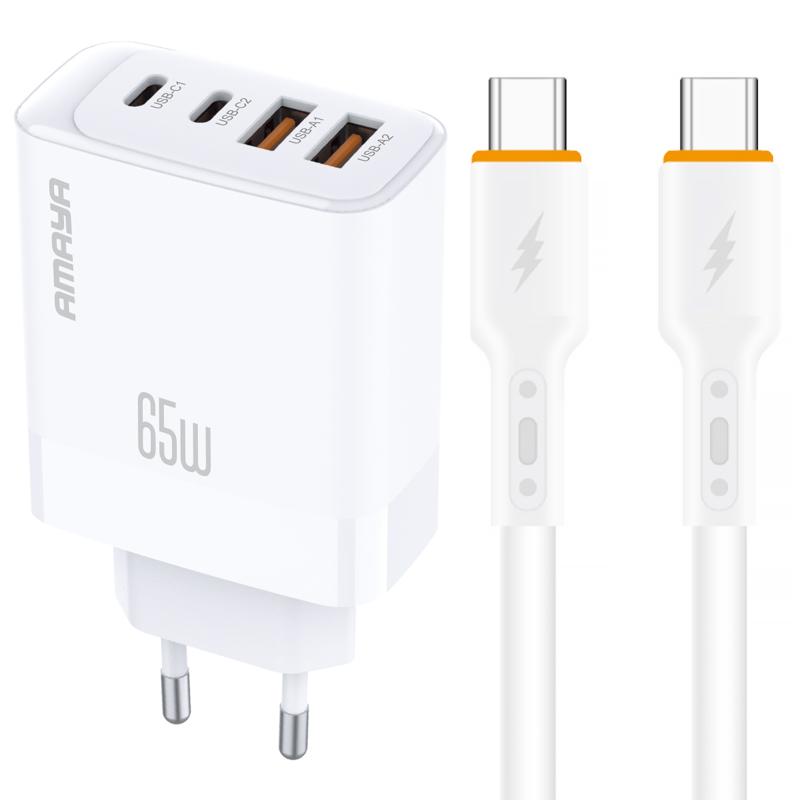 МЗП Amaya E101F PD65W+QC3.0 GaN (2USB-A/2C) + кабель Type-C to Type-C на малюнкі №1