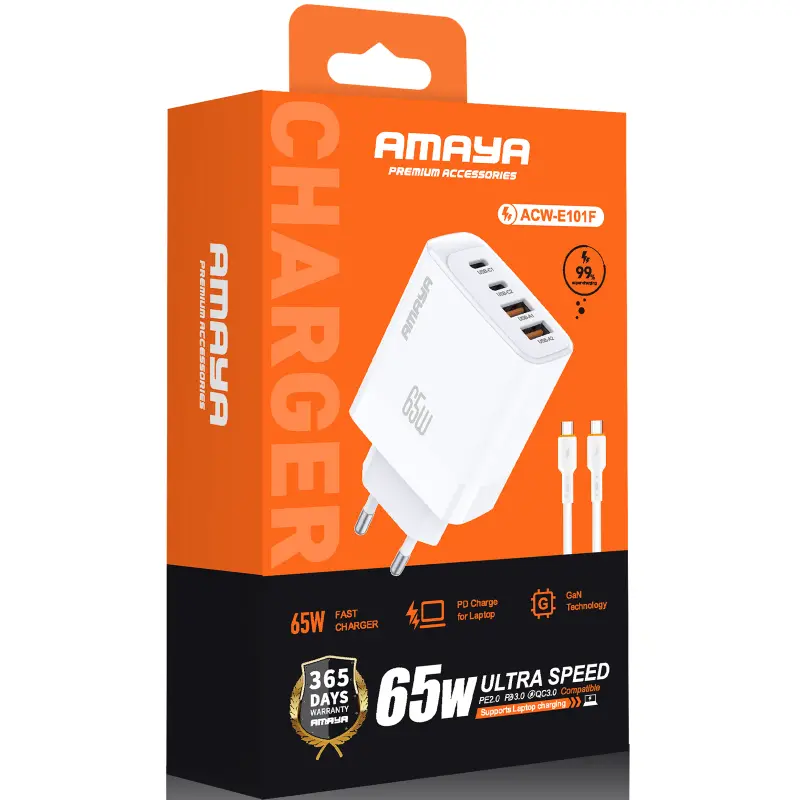 СЗУ Amaya E101F PD65W+QC3.0 GaN (2USB-A/2C) + кабель Type-C to Type-C, White 1, купить оптом с доставкой