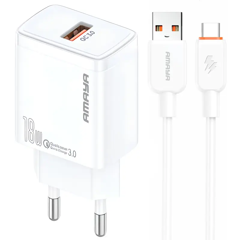 МЗП Amaya E59S QC3.0 18W (1USB-A) + кабель USB to Type-C, White, купити оптом з доставкою