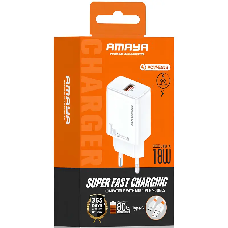 МЗП Amaya E59S QC3.0 18W (1USB-A) + кабель USB to Type-C, White 1, купити оптом з доставкою