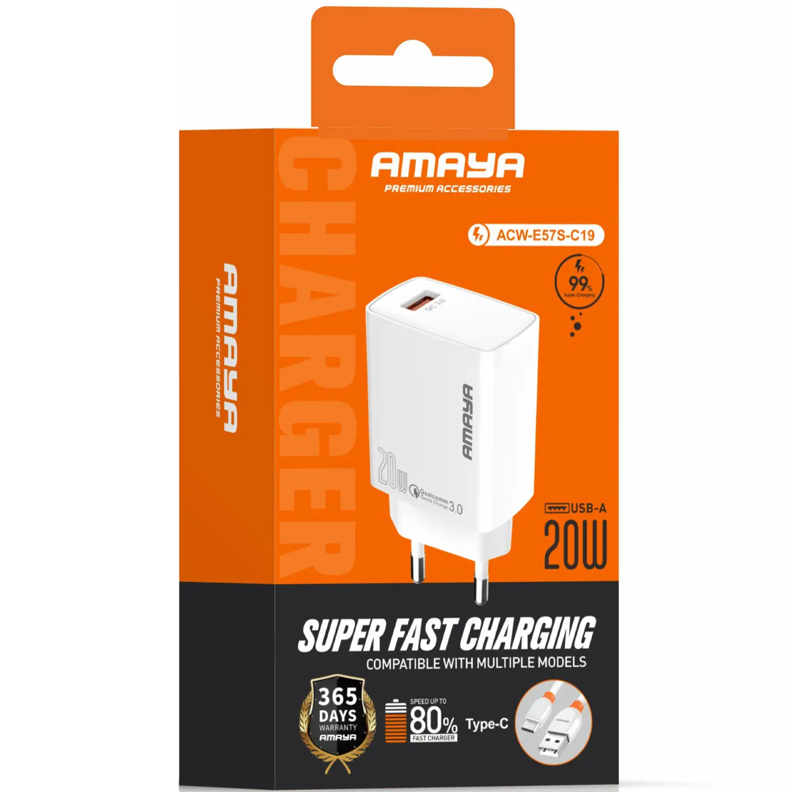СЗУ Amaya E57S QC3.0 20W (1USB-A) + кабель USB to Type-C, White 1, купить оптом с доставкой