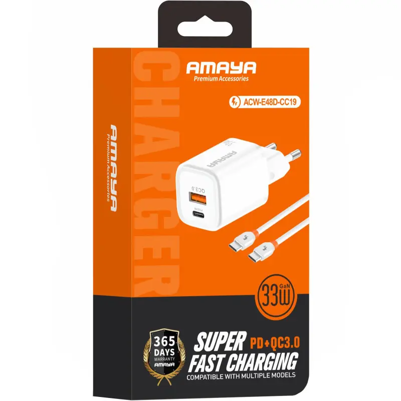 СЗУ Amaya E48D PD33W+QC3.0 (1USB-A/1C) + кабель Type-C to Type-C, White 1, купить оптом с доставкой