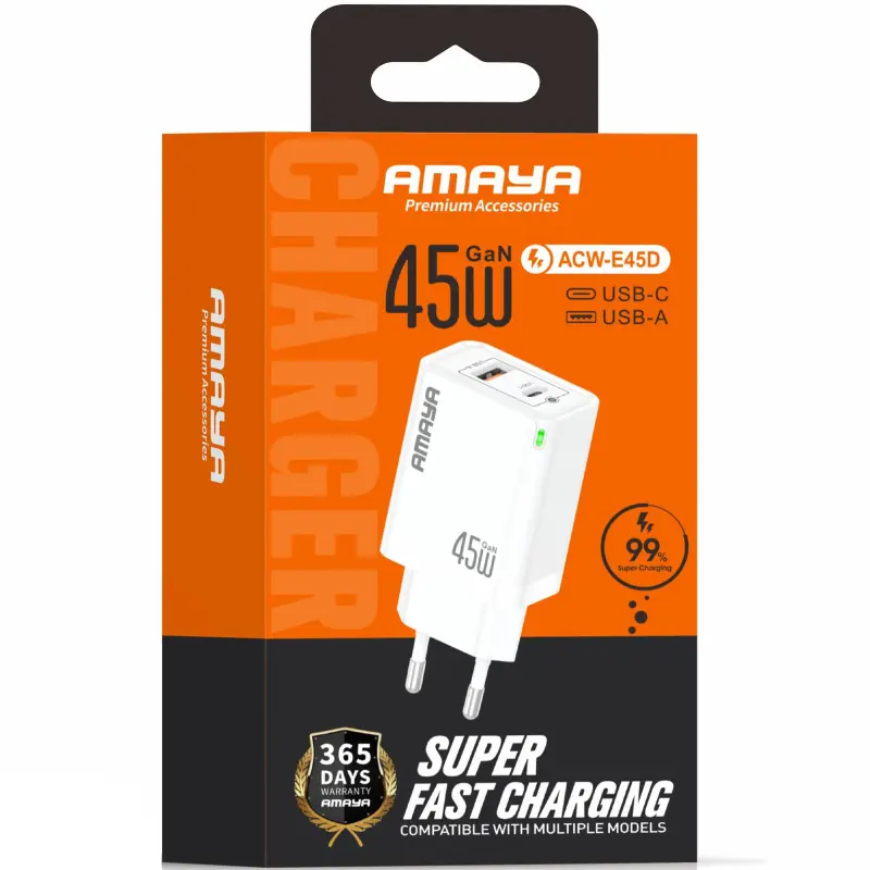 МЗП Amaya E45D PD45W+QC3.0 GaN (1USB-A/1C), White 1, купити оптом з доставкою