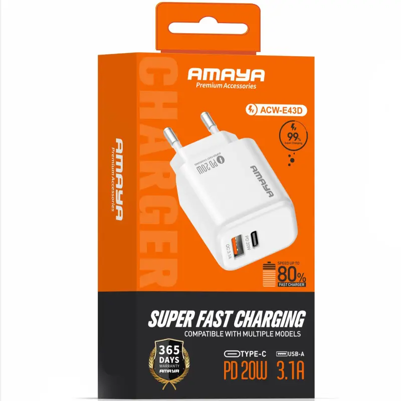 МЗП Amaya E43D PD20W (1USB-A/1C), White 1, купити оптом з доставкою