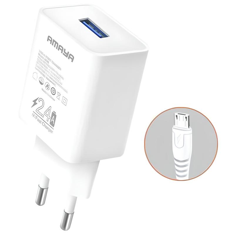 СЗУ Amaya M3 2.4A (1USB-A) + кабель USB to MicroUSB на картинке №1