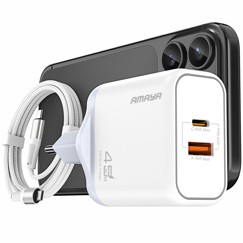 СЗУ Amaya E580T PD45W+QC3.0 GaN (1USB-A/1C) + кабель Type-C to Type-C на картинке №1
