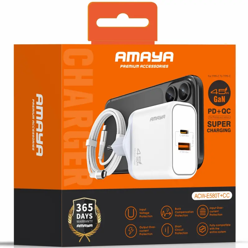 СЗУ Amaya E580T PD45W+QC3.0 GaN (1USB-A/1C) + кабель Type-C to Type-C, White 1, купить оптом с доставкой
