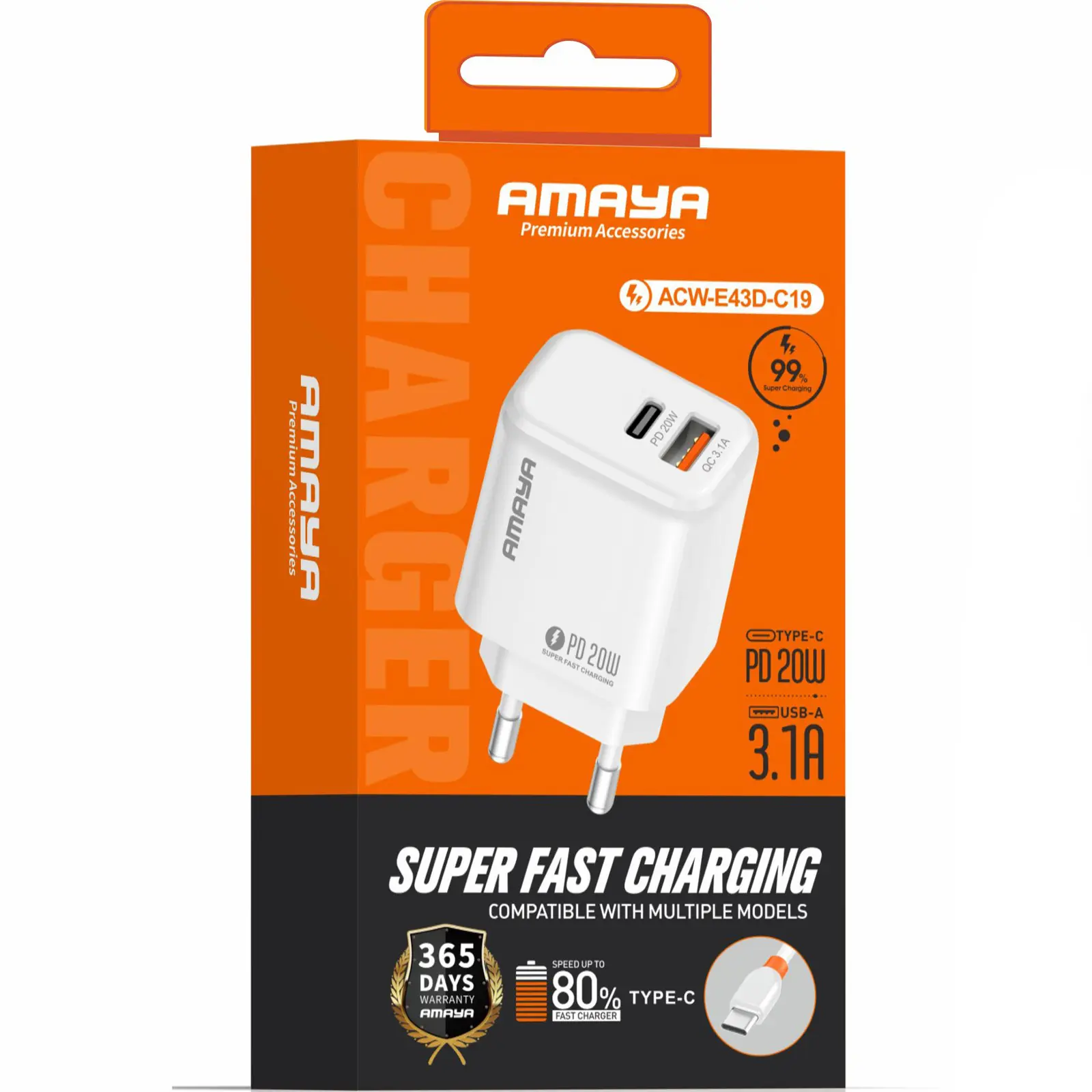 СЗУ Amaya E43D PD20W (1USB-A/1C) + кабель USB to Type-C, White 1, купить оптом с доставкой