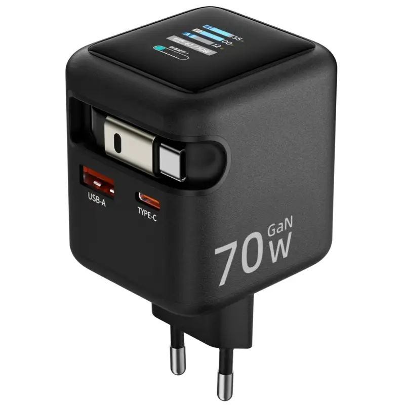 СЗУ Amaya E700D PD70W+QC3.0 GaN (1USB-A/1C) + Retractable Cable Type-C, купить оптом с доставкой