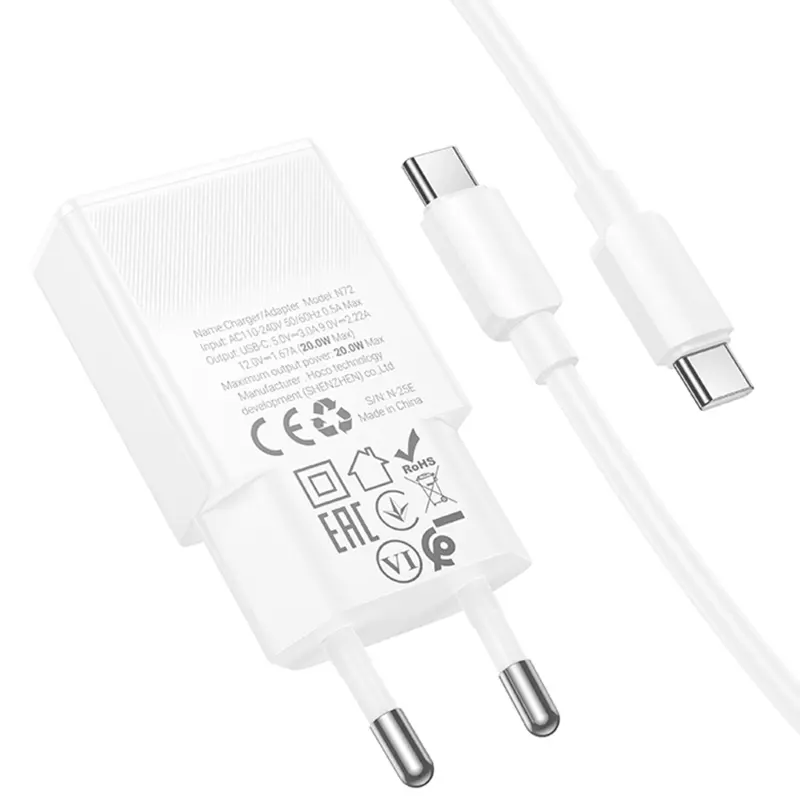 СЗУ Hoco N72 Speed ultra-thin PD20W (1USB-C) + кабель Type-C to Type-C, White 2, купить оптом с доставкой
