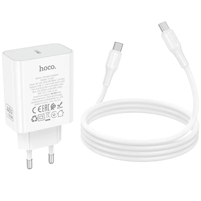 МЗП Hoco C162A Source PD40W (1USB-C) + кабель Type-C to Type-C, White 2, купити оптом з доставкою