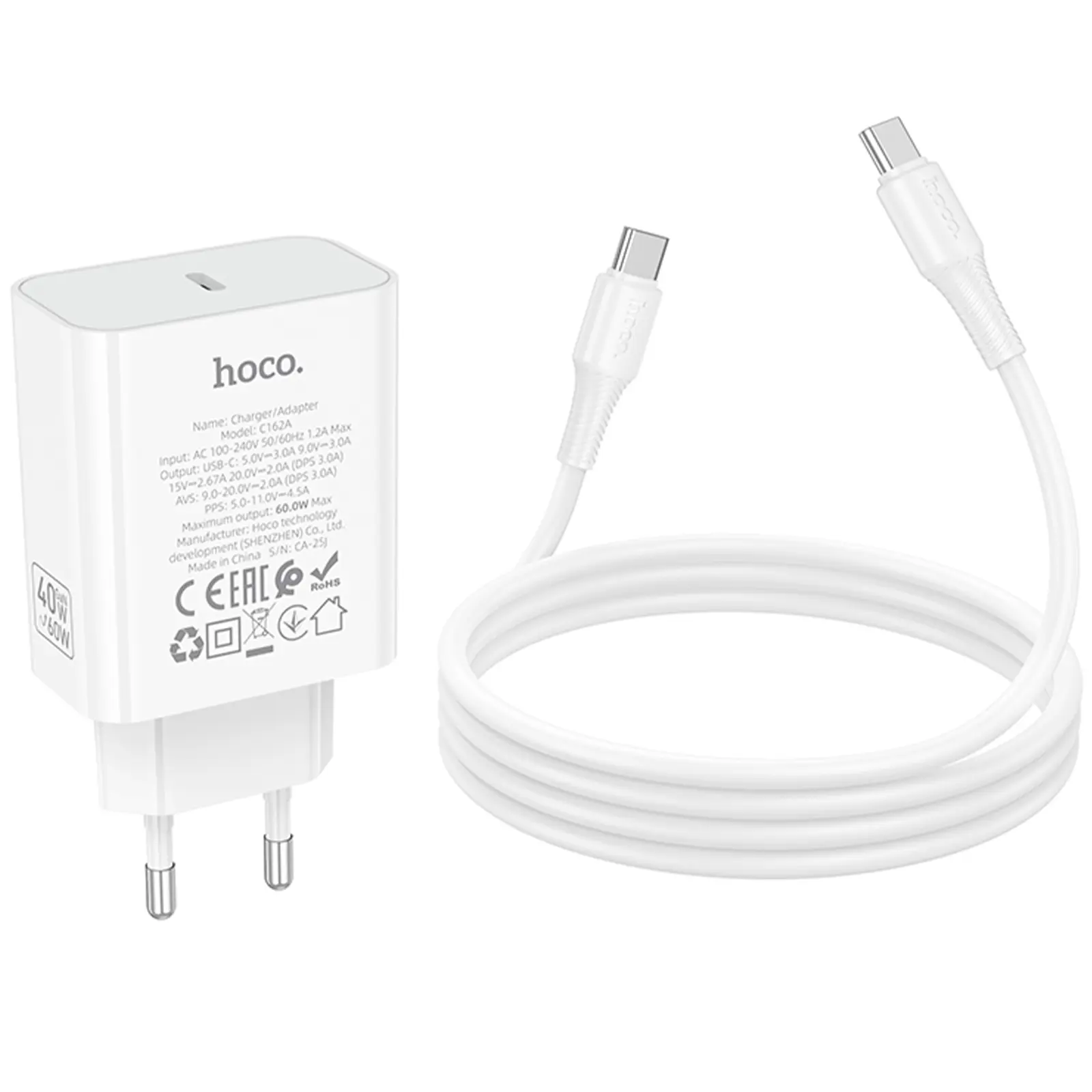 МЗП Hoco C162A Source PD40W (1USB-C) + кабель Type-C to Type-C, White 2, купити оптом з доставкою