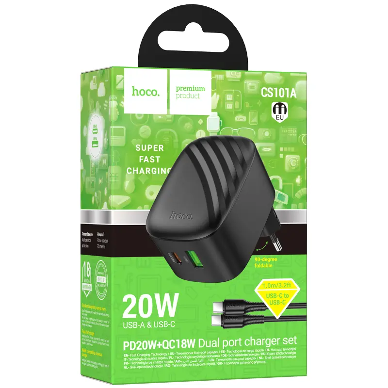 СЗУ Hoco CS101A Folding PD20W+QC3.0 (1USB-A/1C) + кабель Type-C to Type-C, Black 1, купить оптом с доставкой