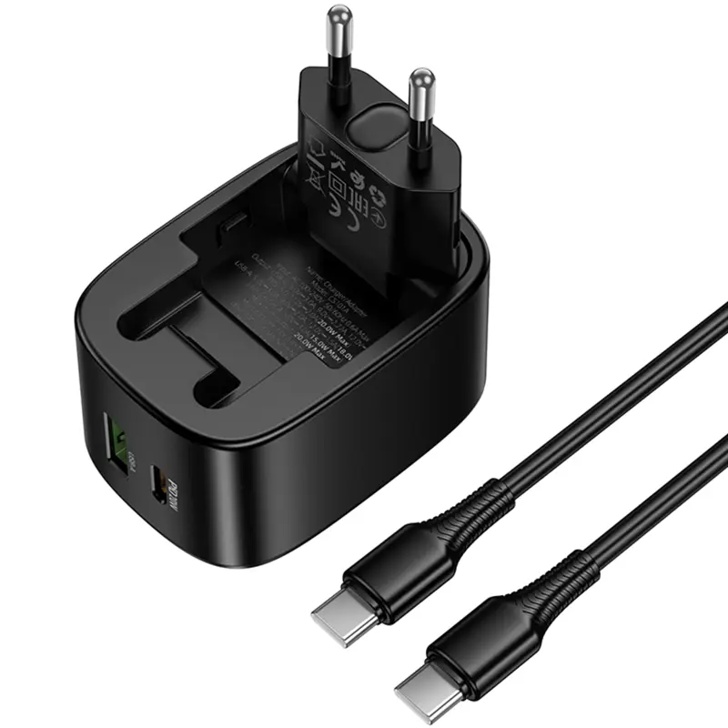 СЗУ Hoco CS101A Folding PD20W+QC3.0 (1USB-A/1C) + кабель Type-C to Type-C, Black 2, купить оптом с доставкой