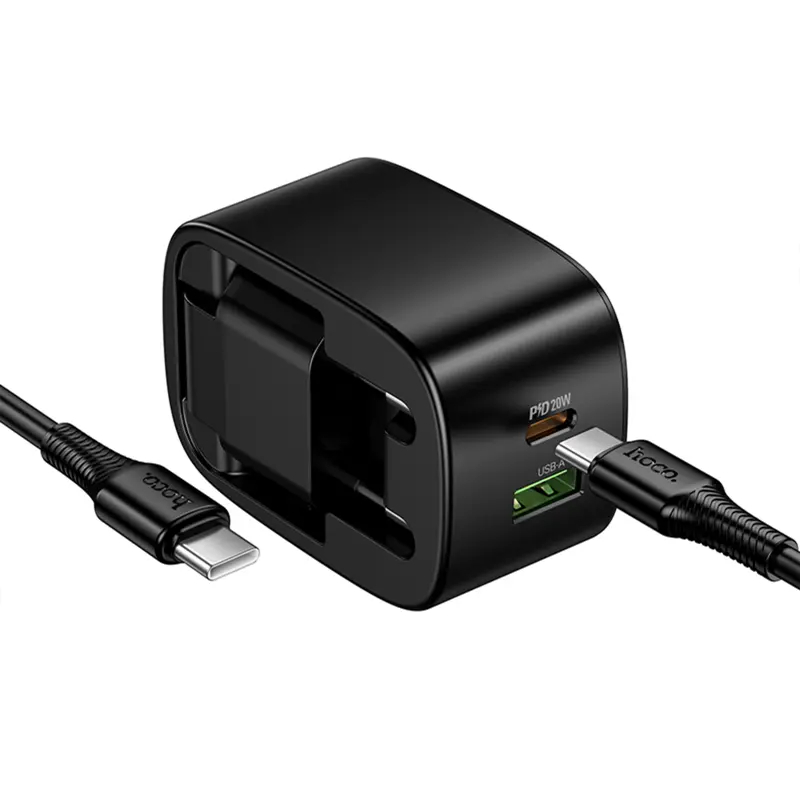 СЗУ Hoco CS101A Folding PD20W+QC3.0 (1USB-A/1C) + кабель Type-C to Type-C, Black 3, купить оптом с доставкой