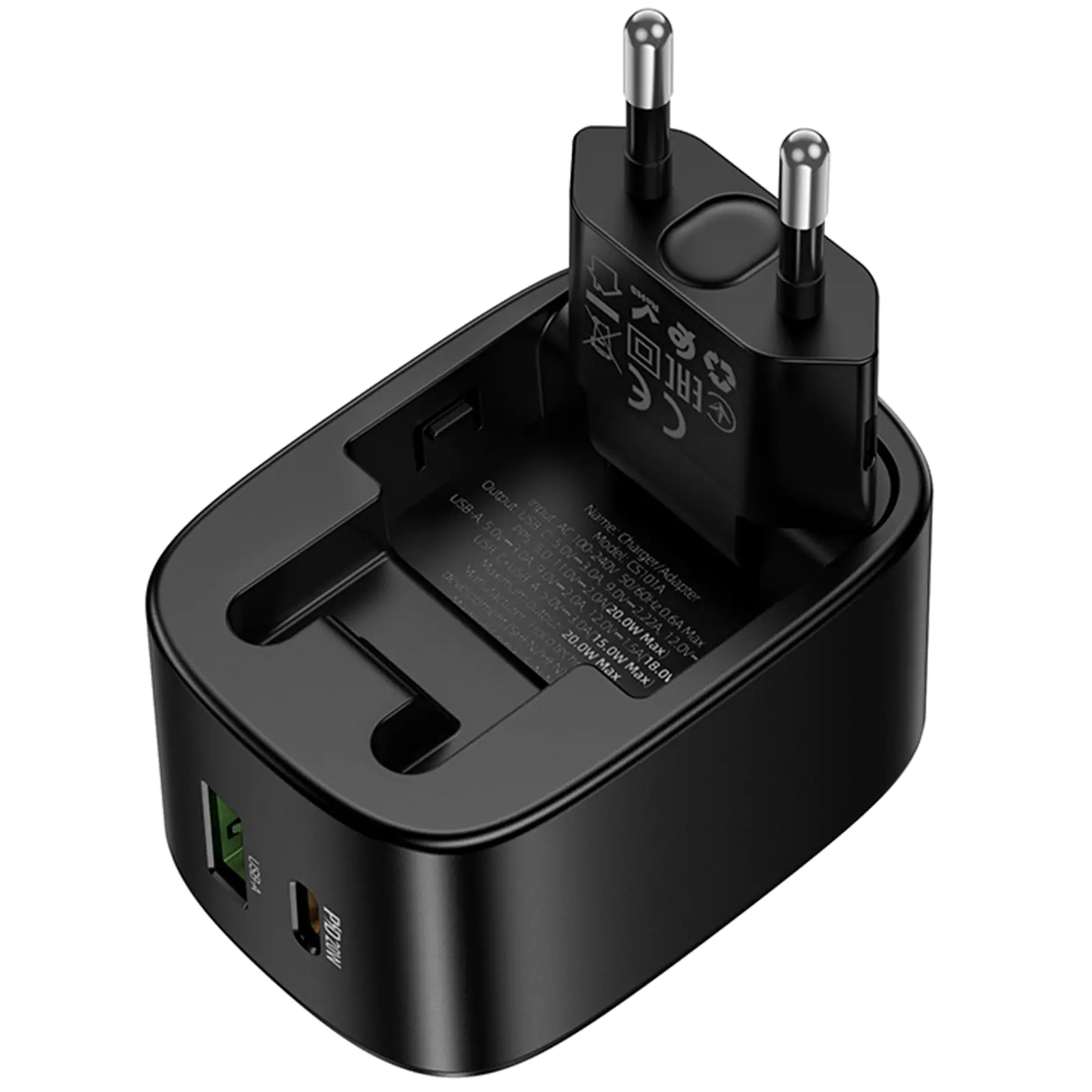 СЗУ Hoco CS101A Folding PD20W+QC3.0 (1USB-A/1C) + кабель Type-C to Type-C, Black 5, купить оптом с доставкой