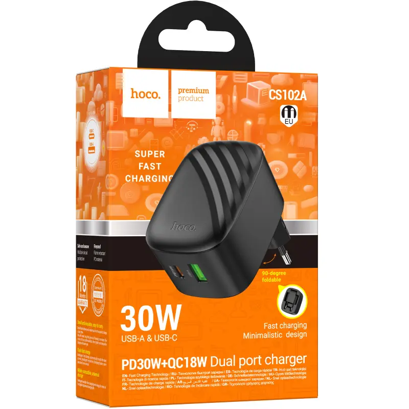 МЗП Hoco CS102A Folding PD30W+QC3.0 (1USB-A/1C), Black 1, купити оптом з доставкою