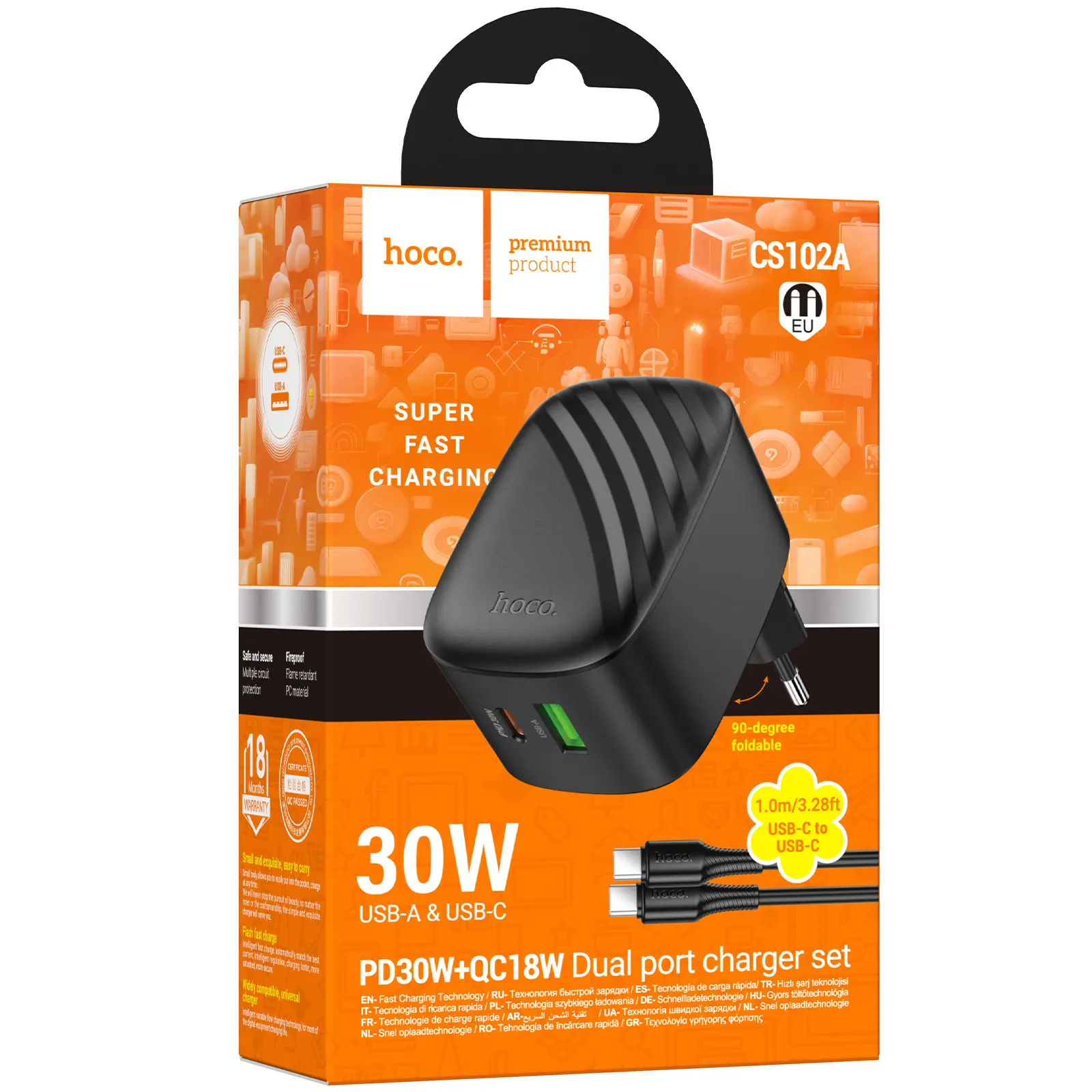 СЗУ Hoco CS102A Folding PD30W+QC3.0 (1USB-A/1C) + кабель Type-C to Type-C, Black 3, купить оптом с доставкой
