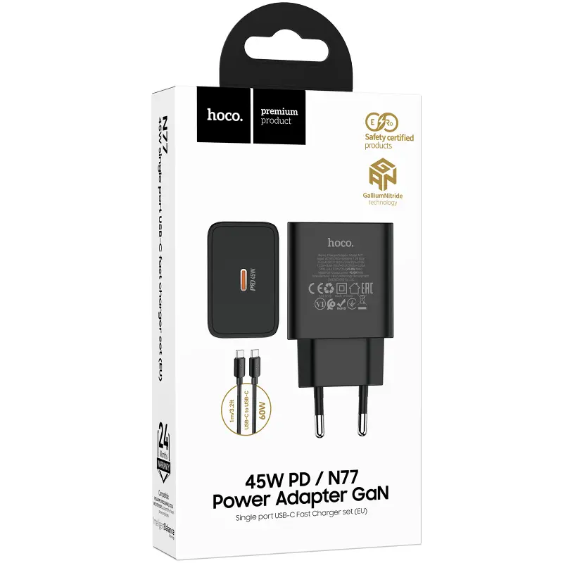 СЗУ Hoco N77 Star PD45W (1USB-C) + кабель Type-C to Type-C, Black 1, купить оптом с доставкой