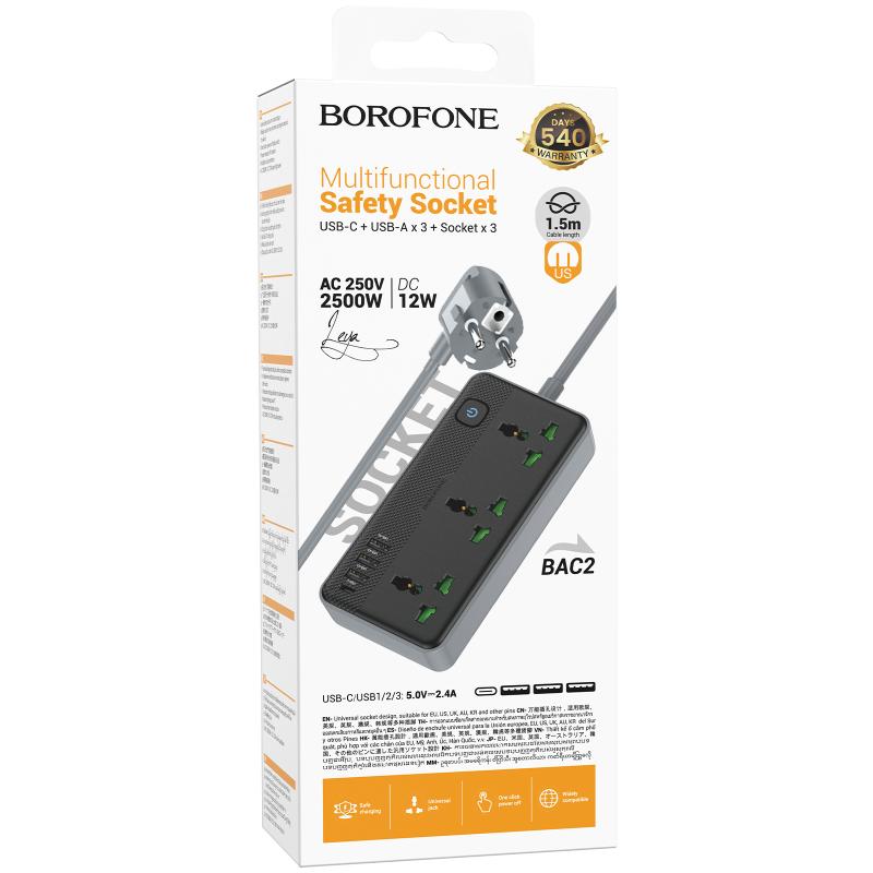 Удлинитель Borofone BAC2 Leya (3USB-A/1C/3xSocket) (1.5m) на картинке №2
