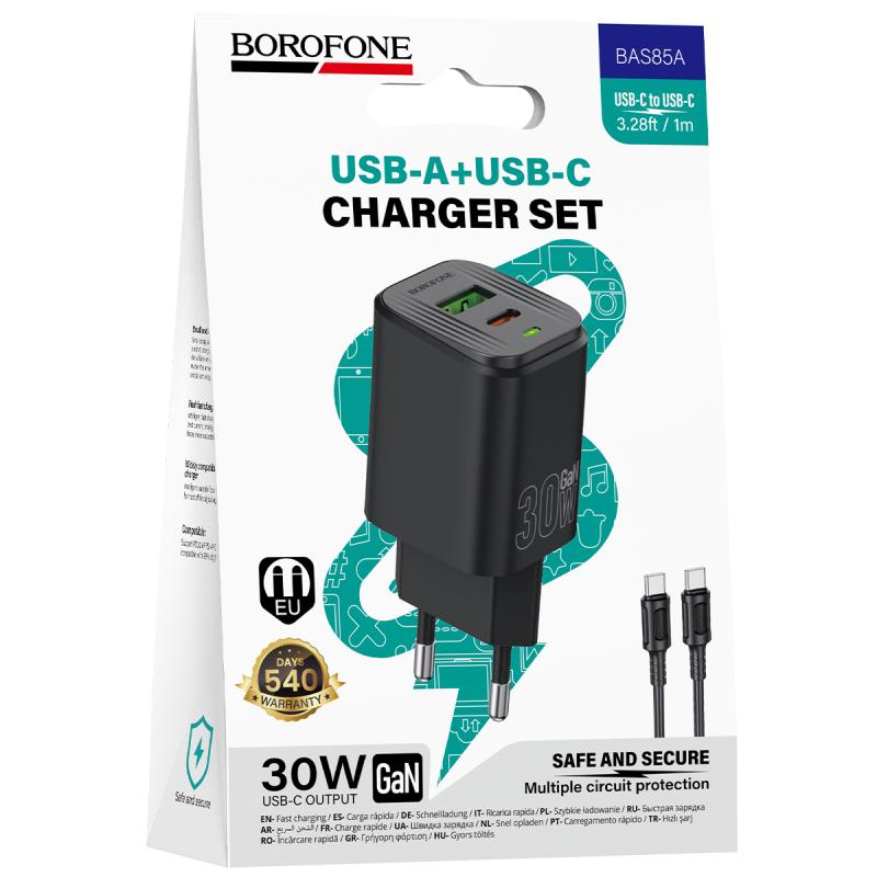 СЗУ Borofone BAS85A Star PD30W+QC3.0 (1USB-A/1C) + кабель Type-C to Type-C на картинке №2