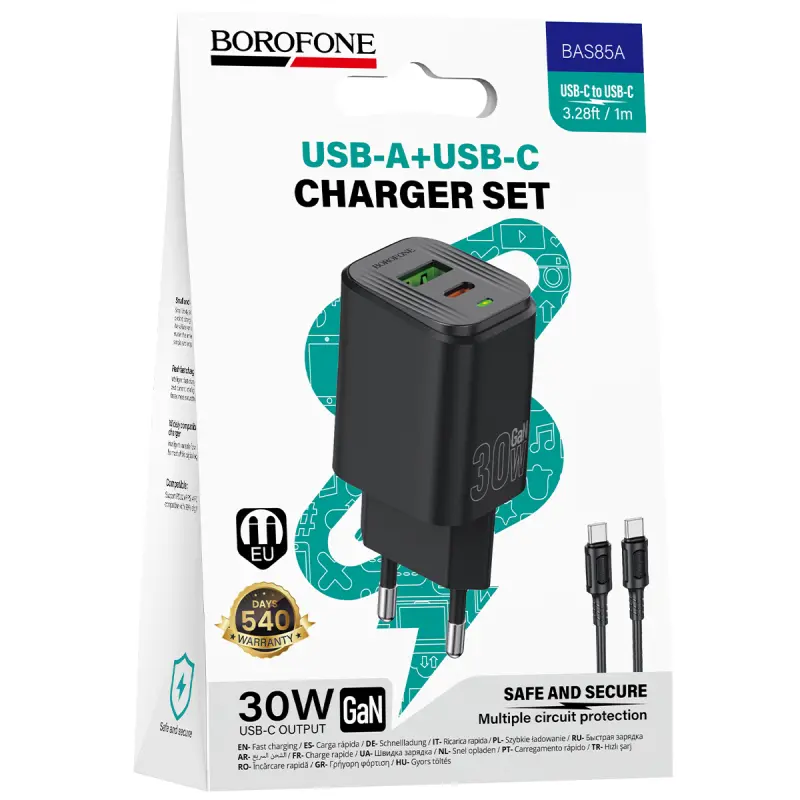 СЗУ Borofone BAS85A Star PD30W+QC3.0 (1USB-A/1C) + кабель Type-C to Type-C, Black 1, купить оптом с доставкой