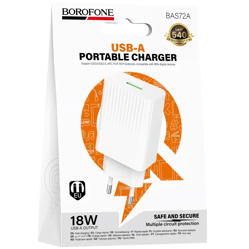 МЗП Borofone BAS72A Source QC3.0 (1USB-A), White 1, купити оптом з доставкою