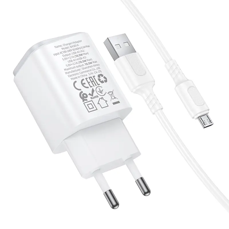 СЗУ Borofone BAS81A Star 10.5W (2USB-A) + кабель USB to MicroUSB, White 2, купить оптом с доставкой