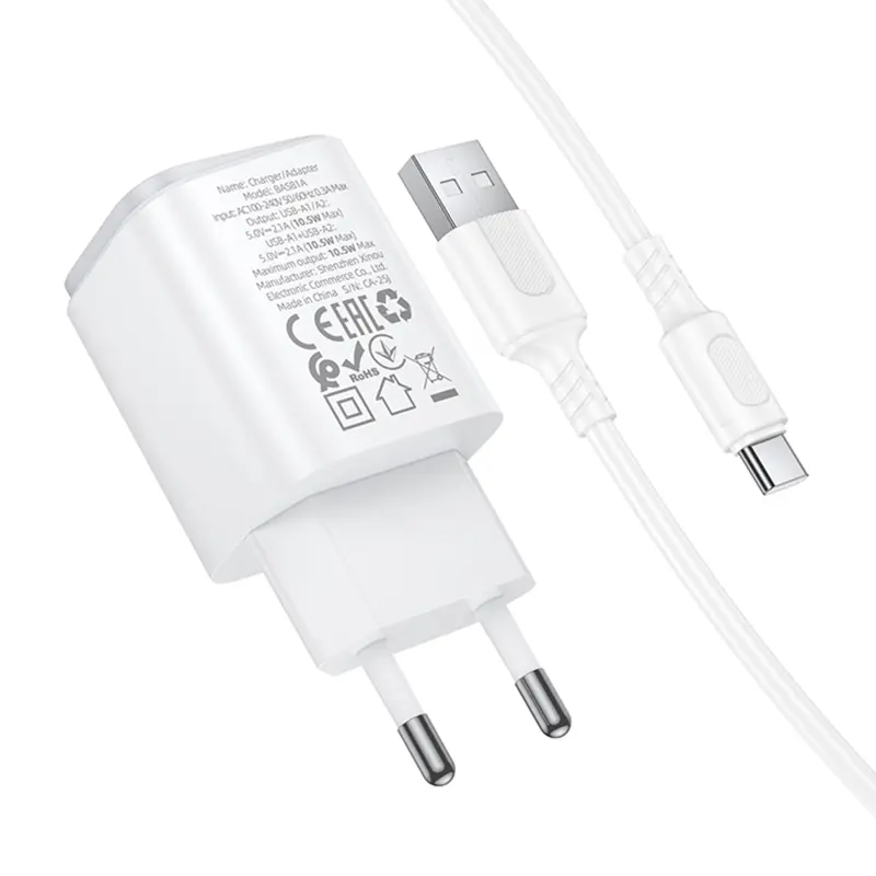 СЗУ Borofone BAS81A Star 10.5W (2USB-A) + кабель USB to Type-C, White 3, купить оптом с доставкой