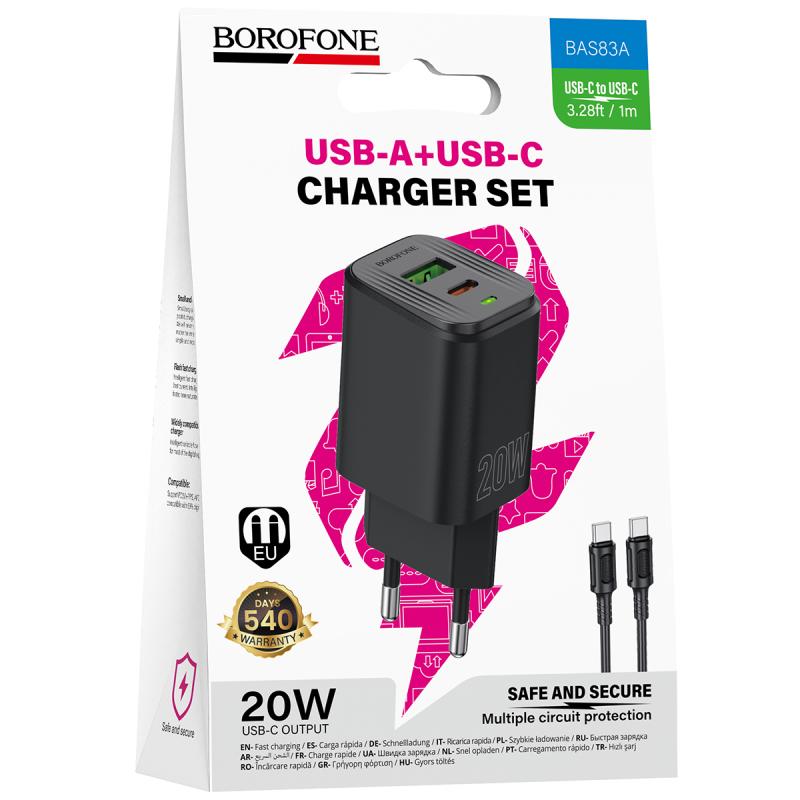 СЗУ Borofone BAS83A Star PD20W+QC3.0 (1USB-A/1C) + кабель Type-C to Type-C на картинке №2