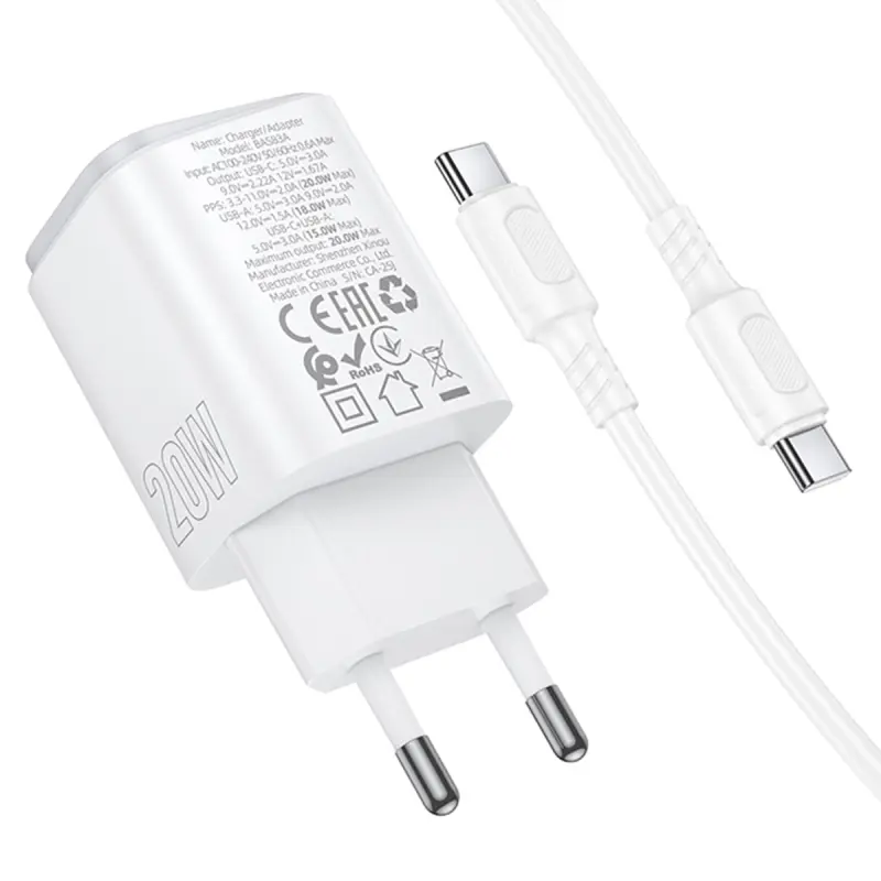 СЗУ Borofone BAS83A Star PD20W+QC3.0 (1USB-A/1C) + кабель Type-C to Type-C, White 1, купить оптом с доставкой