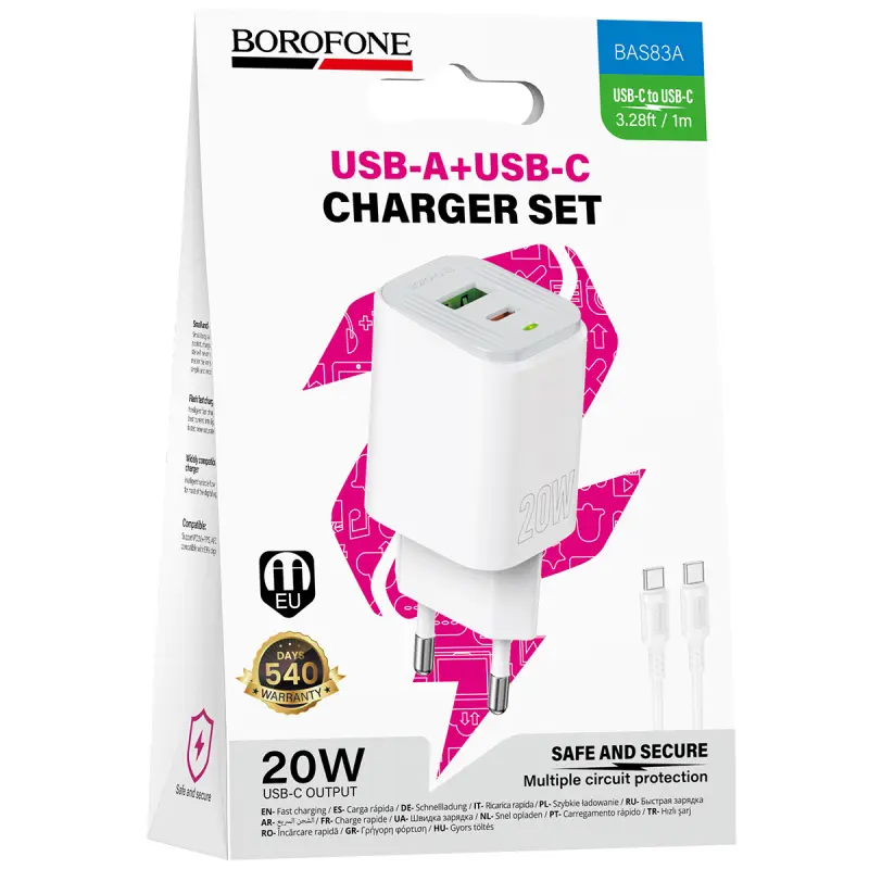 СЗУ Borofone BAS83A Star PD20W+QC3.0 (1USB-A/1C) + кабель Type-C to Type-C, White 2, купить оптом с доставкой