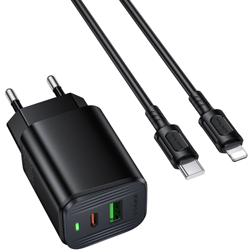 СЗУ Borofone BAS83A Star PD20W+QC3.0 (1USB-A/1C) + кабель Type-C to Lightning на картинке №1