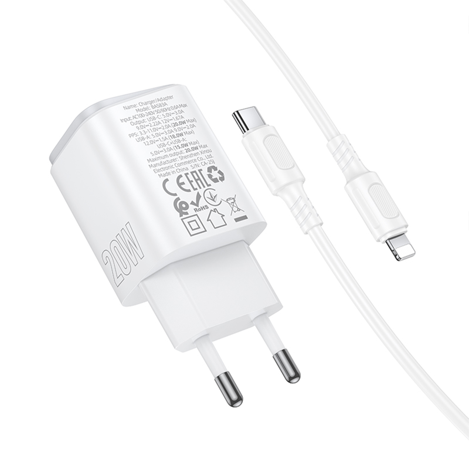 СЗУ Borofone BAS83A Star PD20W+QC3.0 (1USB-A/1C) + кабель Type-C to Lightning, White 1, купить оптом с доставкой