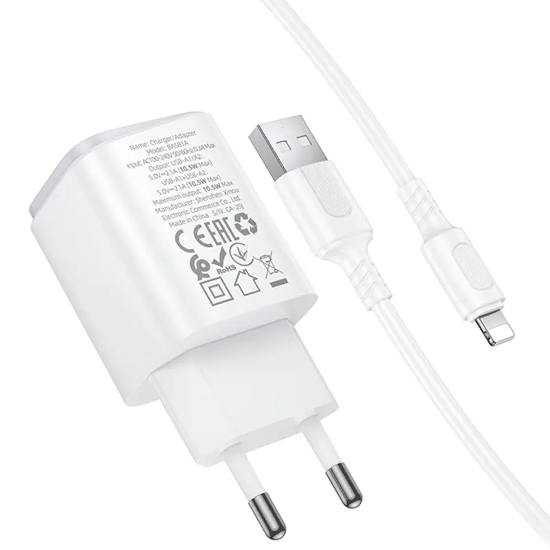 СЗУ Borofone BAS81A Star 10.5W (2USB-A) + кабель USB to Lightning, White 2, купить оптом с доставкой