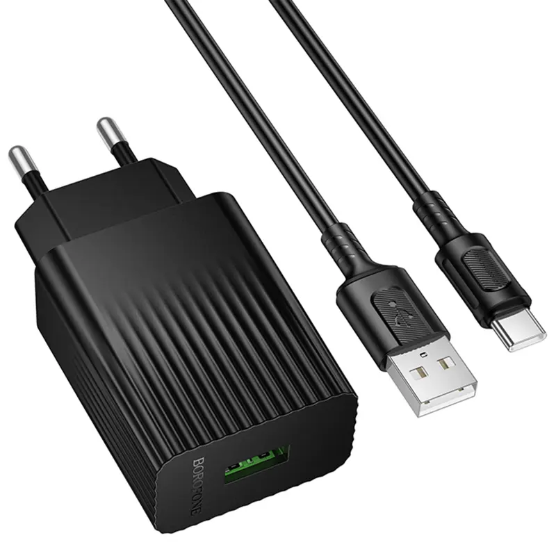СЗУ Borofone BAS72A Source QC3.0 (1USB-A) + кабель USB to Type-C, Black, купить оптом с доставкой